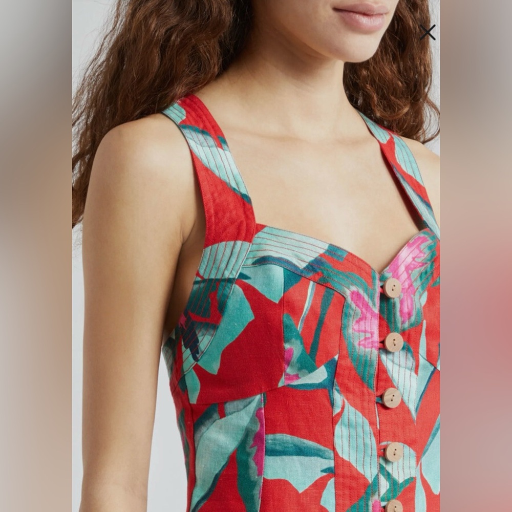 Farm Rio Summer Foliage Linen Mini Dress XS Button Front Tropical Crossback Red - Picture 2 of 12